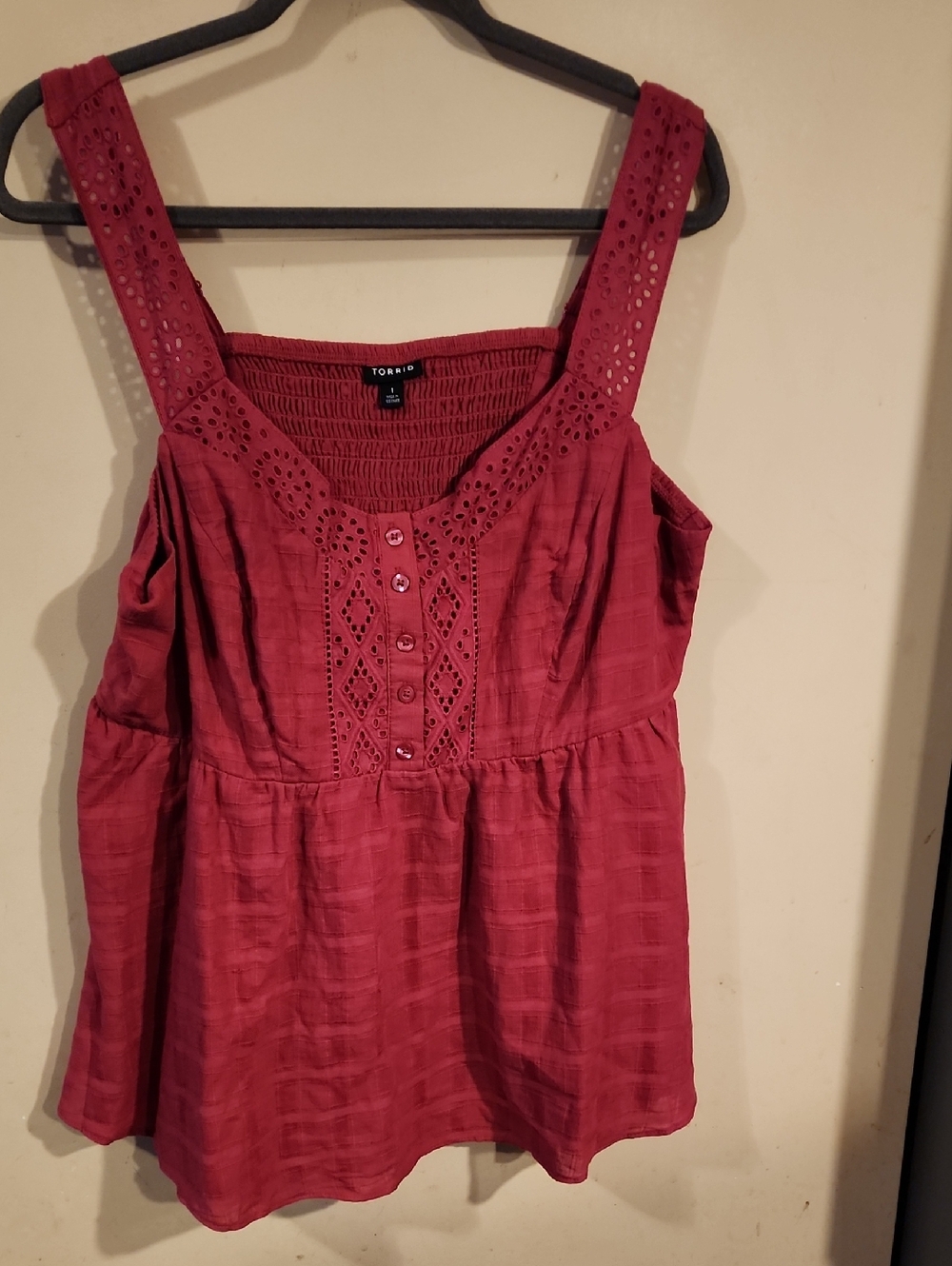 torrid burgundy eyelet peplum tank